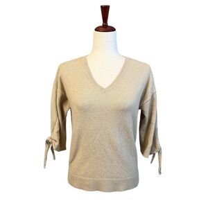 Loft V-Neck Cotton Blend Sweater with Tie Sleeves Beige Size PM #1997
